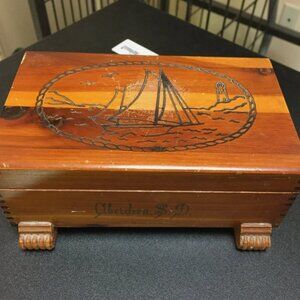 Vtg Handmade Wooden Trinket Jewelry Box with hinged lid Sailboat Nautical